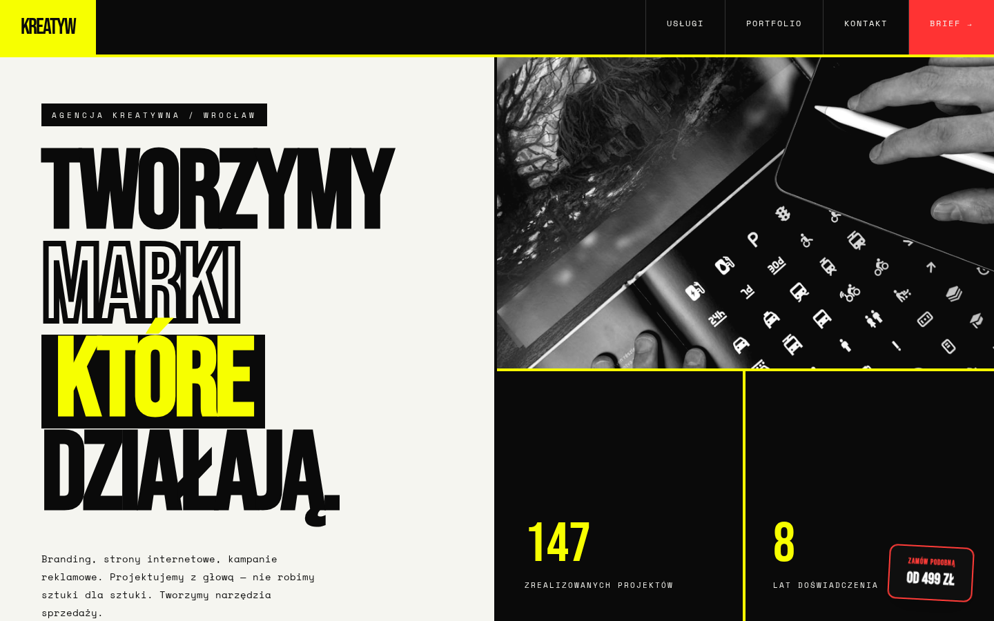 Brutalistyczna strona internetowa dla agencji kreatywnej - Kreatywność bez Kompromisów