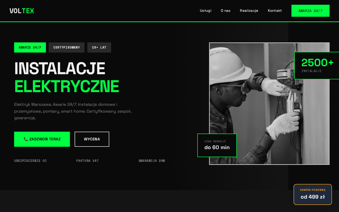 Techniczna strona internetowa dla elektryka 24/7 - Energia Profesjonalizmu